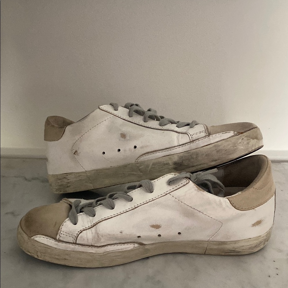 Golden Goose White and Tan Superstar Sneakers